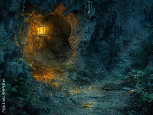 A lantern illuminates a mysterious cave along a serene forest path at twilight. Generative AI