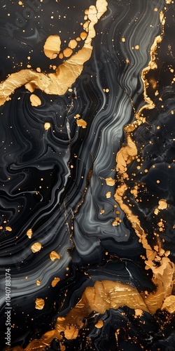 Black and gold abstract art with swirling patterns and shimmering details. Generative AI