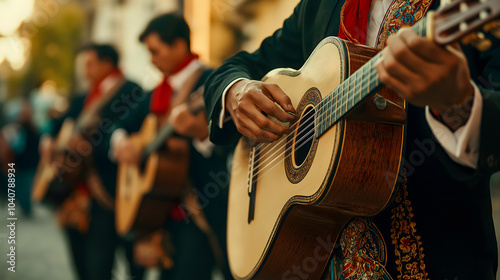 Close-up of a mariachi musician playing a traditional acoustic guitar, wearing an ornate charro suit, with blurred band members in the background.