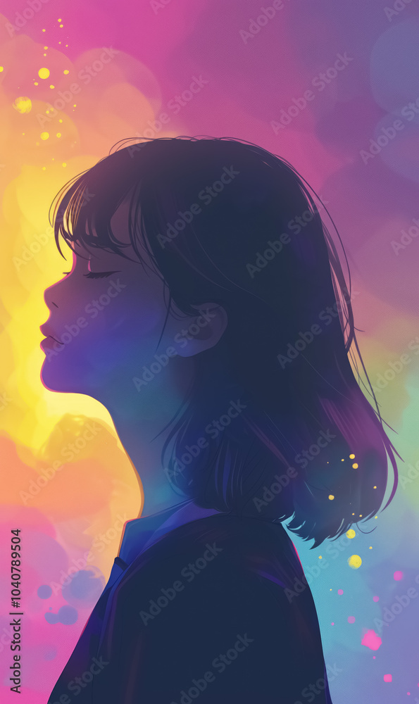 peaceful silhouette of woman with closed eyes, her profile illuminated by rainbow waves in sunset-like gradient, calmness, beauty, and self-reflection peaceful silhouette of woman with closed eyes, her profile illuminated by rainbow waves in sunset-like gradient, calmness, beauty, and self-reflection