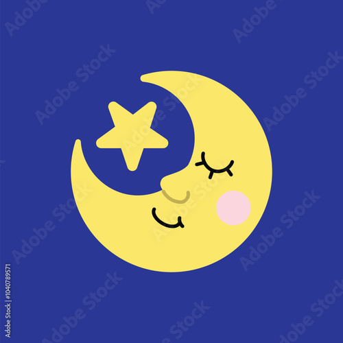 Cute sleepy crescent moon with star. Kawaii yellow half moon sleeping at night sky with star. Vector illustration.