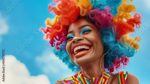 happy vibrant lgbt person celebrating pride at love parade, smiling woman with a vivid rainbow hair and glittery makeup, glowing under bright sunlight at colorful festival