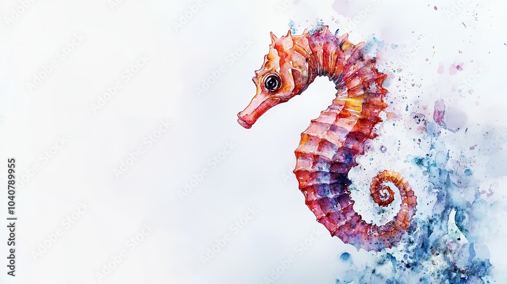 Fototapeta premium A colorful watercolor depiction of a seahorse surrounded by vibrant splashes of paint on a white background