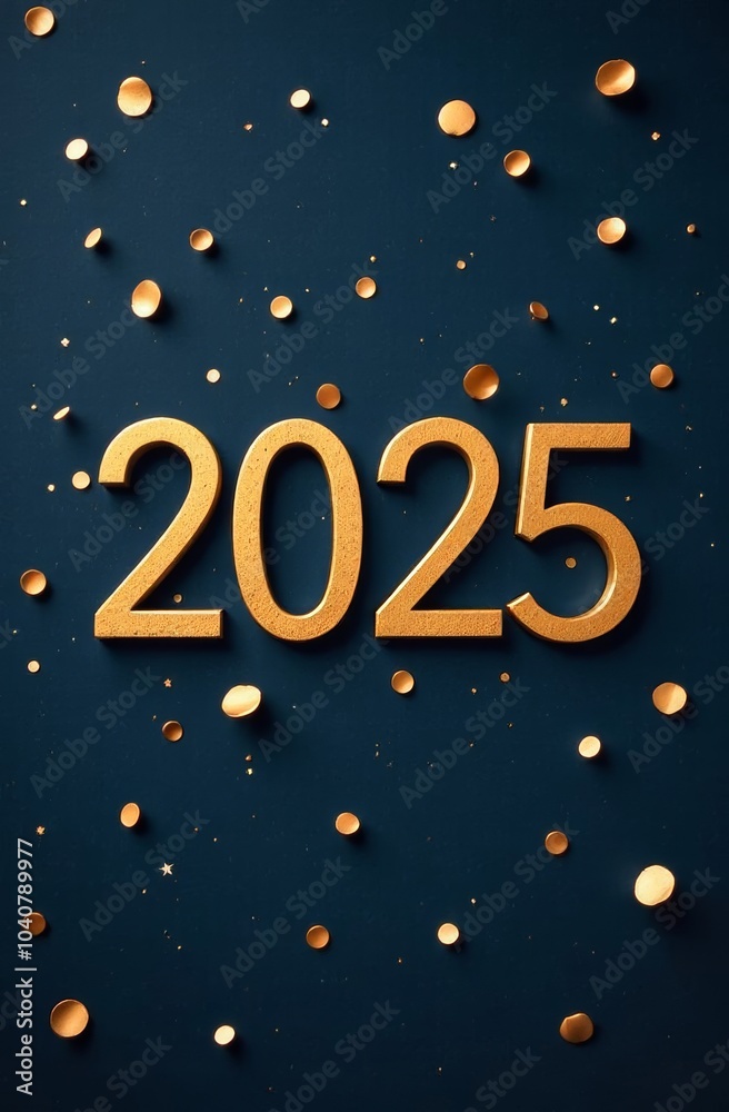Naklejka premium Celebrating the new year with a golden 2025 decoration on a dark blue background adorned with confetti
