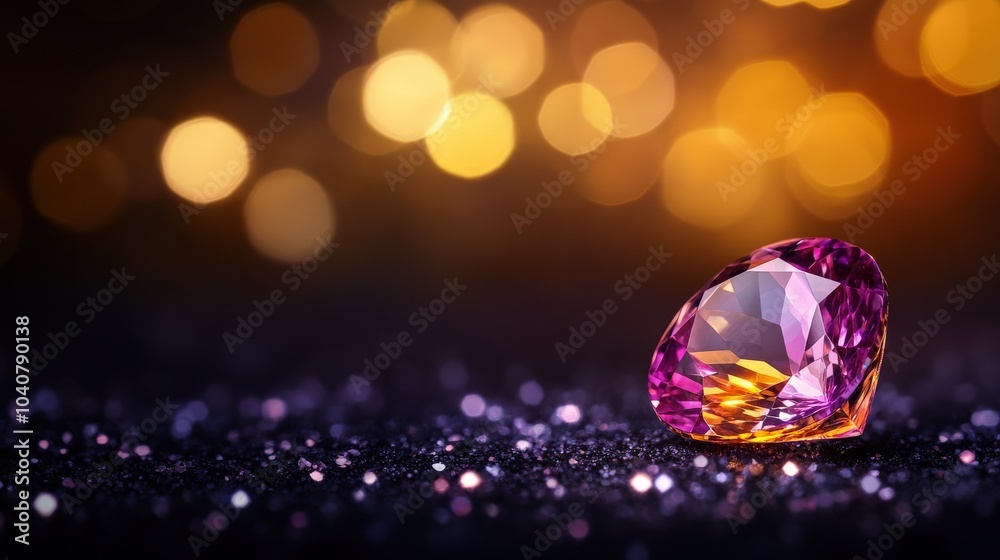 Fototapeta premium A beautiful pink gem sparkling on a glittery surface with a blurred background.