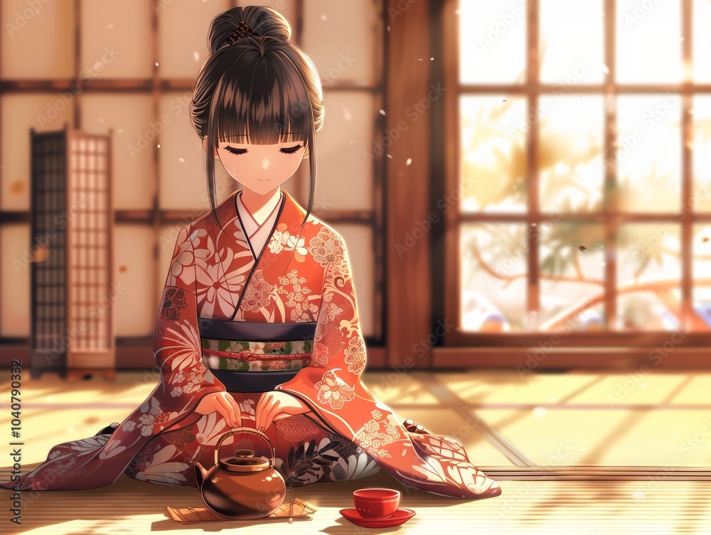 A young woman prepares tea in a traditional setting, dressed in a vibrant kimono. Generative AI A young woman prepares tea in a traditional setting, dressed in a vibrant kimono. Generative AI