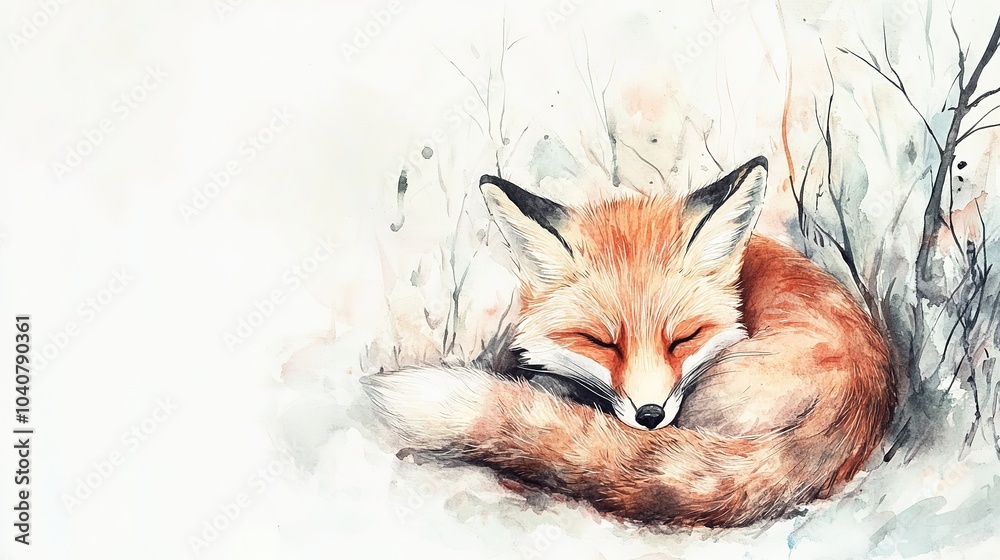 Obraz premium A peaceful fox sleeps curled up in a snowy forest under soft winter light during a quiet morning