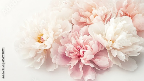 Fototapeta Naklejka Na Ścianę i Meble -  Soft watercolor painting of blooming peonies in shades of pink and white set against a pale background
