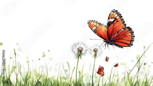 A delicate orange butterfly flutters over a dandelion among vibrant yellow wildflowers in a sunny meadow