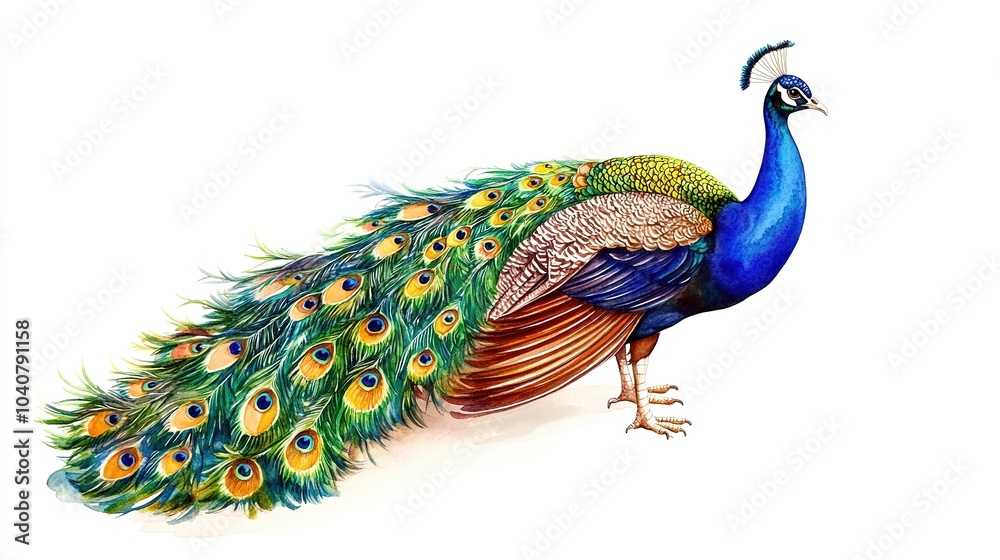 Fototapeta premium A majestic peacock displaying its vibrant feathers against a soft, abstract background in a serene setting