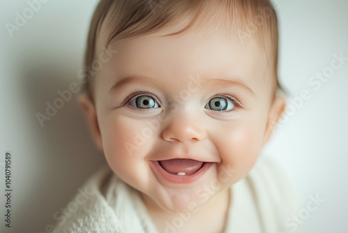 A close-up of a joyful baby with bright eyes and a big smile, wearing a light outfit in a serene indoor setting during the daytime