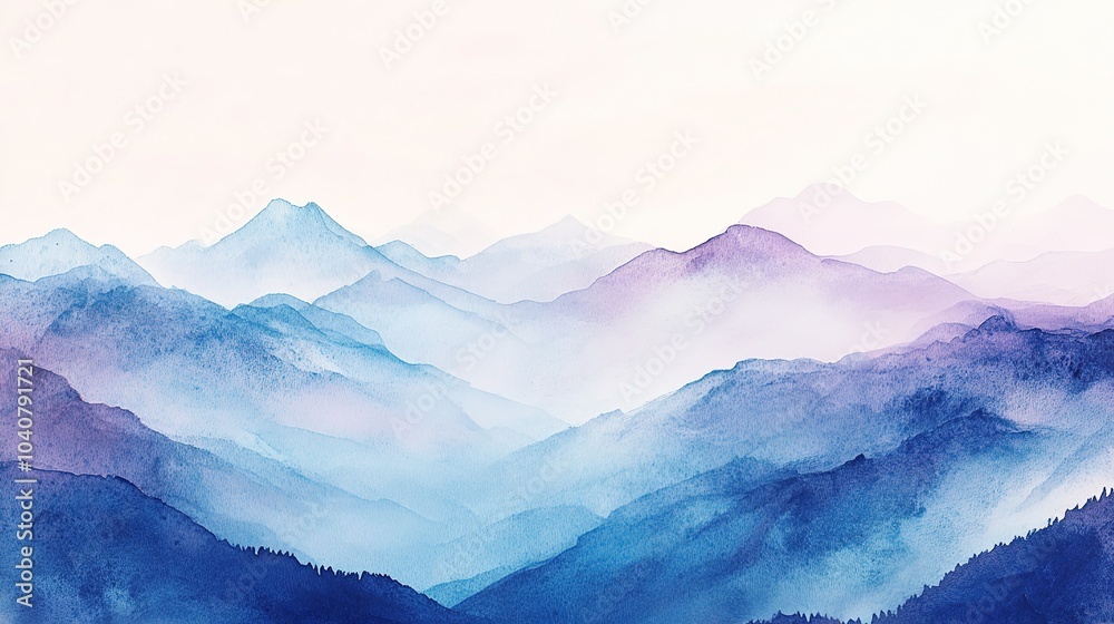 Fototapeta premium Majestic blue mountains fade into the horizon under a soft pastel sky at dawn, creating a serene and tranquil landscape