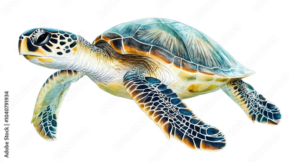 Fototapeta premium Colorful sea turtle swimming gracefully in crystal-clear waters near a vibrant coral reef during a sunny day