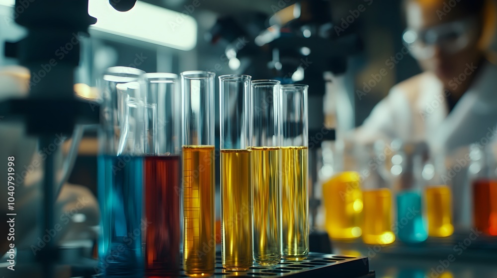 Close-up of Test Tubes with Colored Liquids in a Laboratory Setting