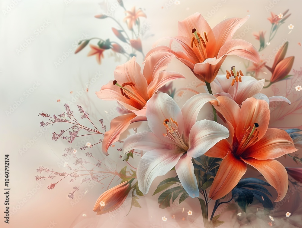 Fototapeta premium Beautiful bouquet of pink and white lilies with soft pastel background. Generative AI