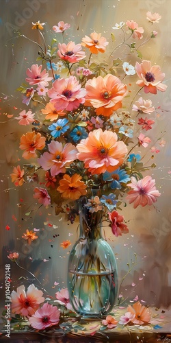 Lovely bouquet of colorful flowers in a vase on a rustic table setting. Generative AI