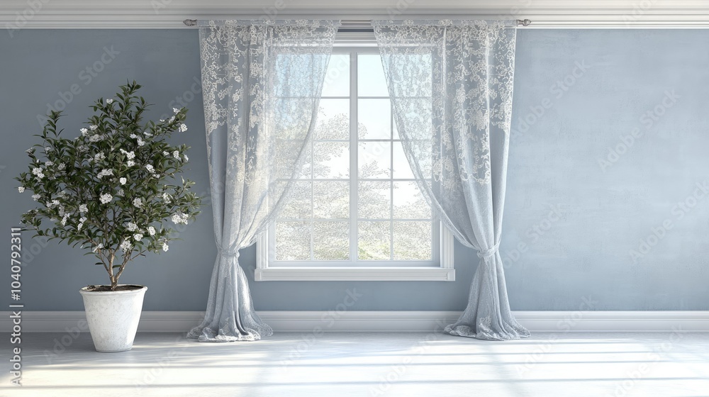 Fototapeta premium Serene Isolated Room with Lace Curtain and Plant