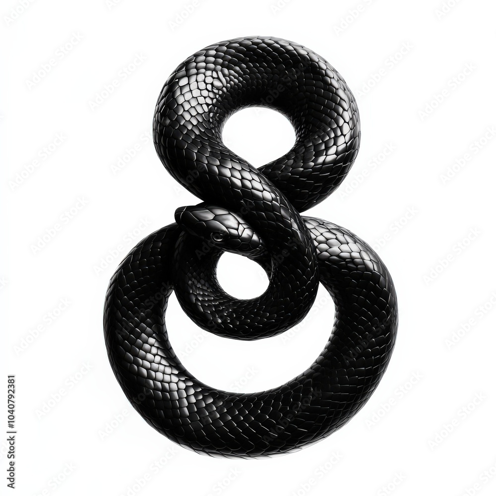 Obraz premium Black snake coiled in a unique formation, creative isolated background.