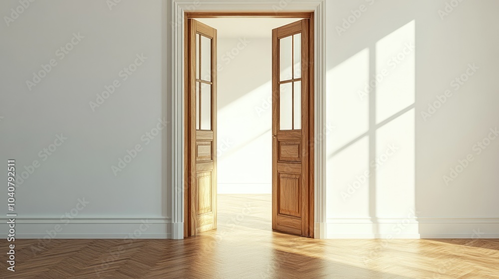 Open Wooden Door in Bright Interior Space Open Wooden Door in Bright Interior Space