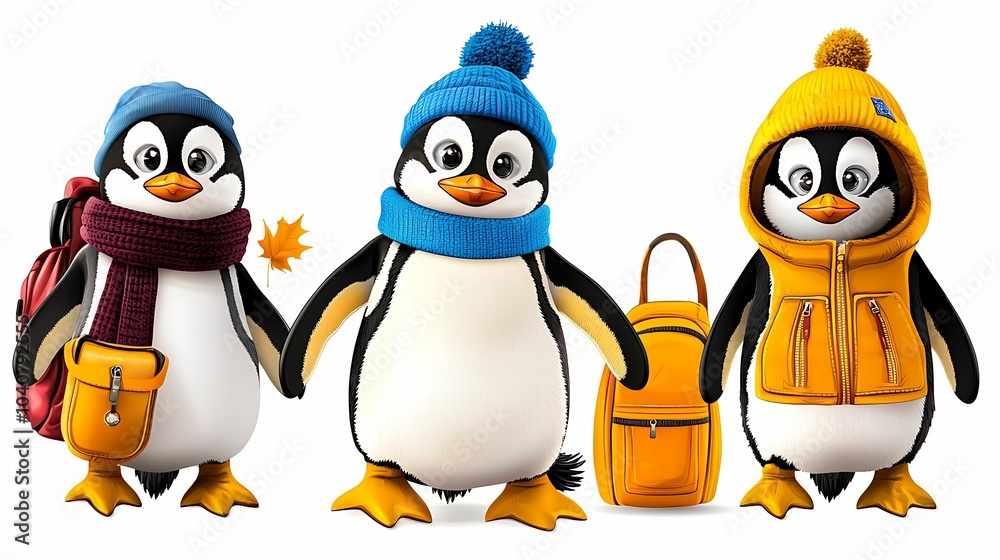 Fototapeta premium Adorable penguins in winter attire playful characters ready for adventure with colorful hats and backpacks