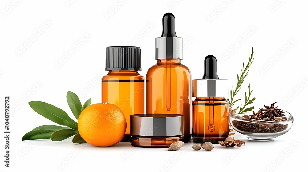 Essential oils and natural ingredients aesthetic presentation of aromatherapy bottles with citrus and herbs for wellness and beauty Essential oils and natural ingredients aesthetic presentation of aromatherapy bottles with citrus and herbs for wellness and beauty