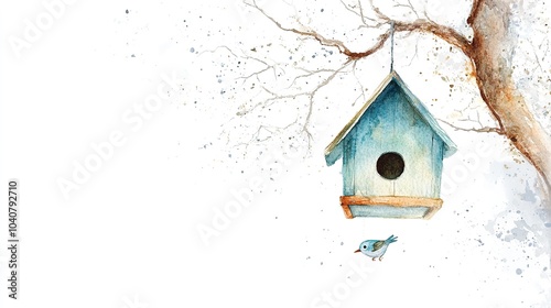 A charming birdhouse nestled in a tree branches with a bluebird nearby, capturing the essence of nature and tranquility in wintertime