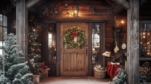 Rustic Wooden Door with Holiday Decor and Warm Light