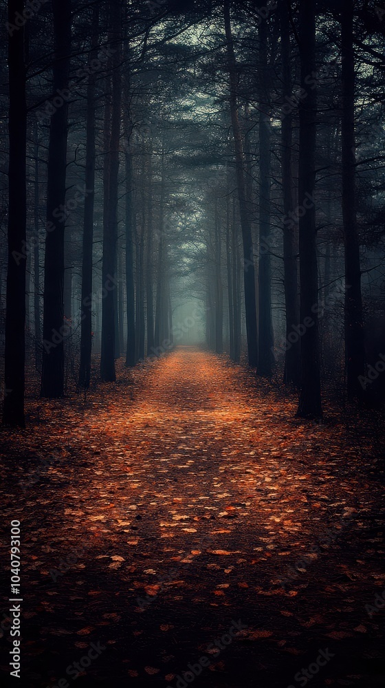 Fototapeta premium Mysterious Foggy Forest Path with Fallen Leaves