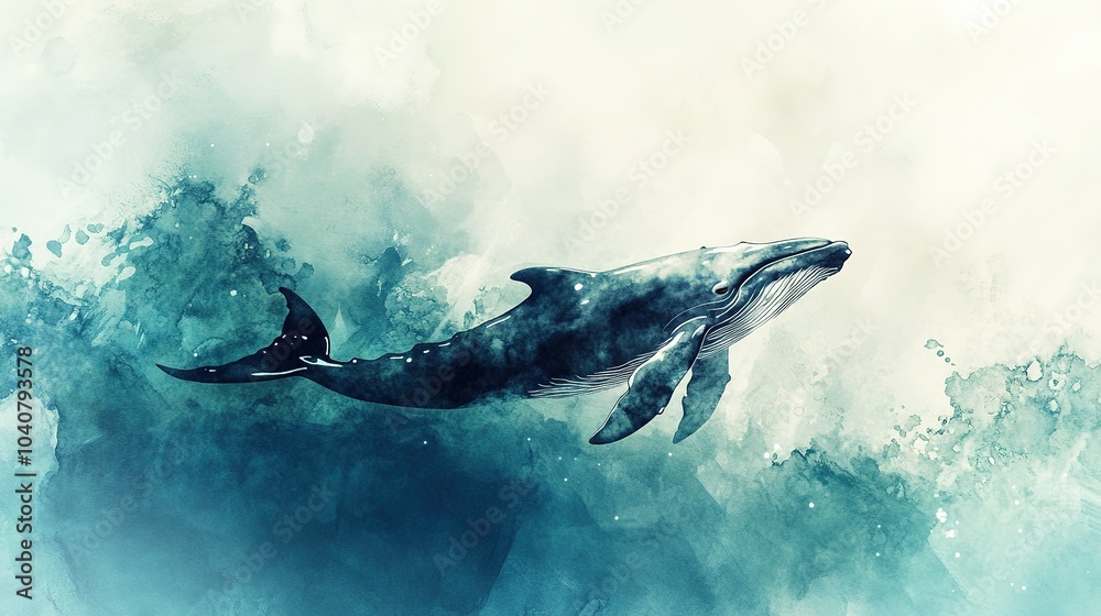 Fototapeta premium A majestic blue whale gracefully swims through calm ocean waters under a serene sky at sunrise