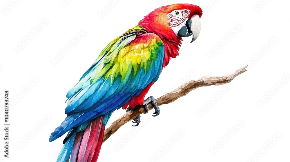 Obraz premium Vibrant scarlet macaw perched on a branch, showcasing stunning colors against a white background