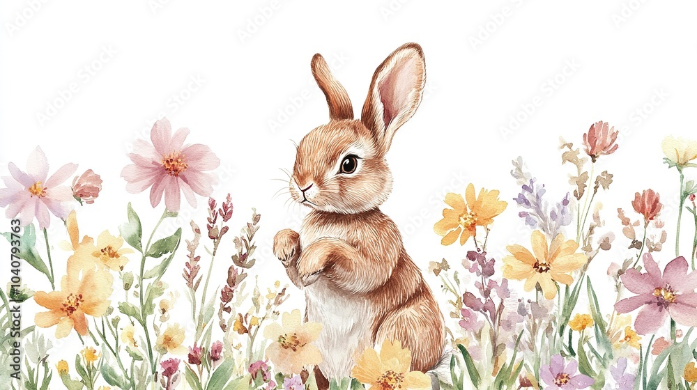 Fototapeta premium A cute gray rabbit surrounded by colorful wildflowers in a vibrant meadow during a sunny spring afternoon