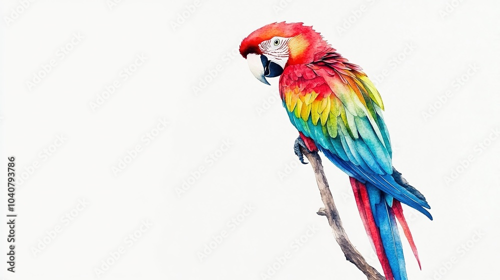 Obraz premium Vibrant scarlet macaw perched on a branch, showcasing stunning colors against a white background