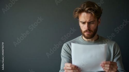 Bad news concept young caucasian man reading letter with sad expression