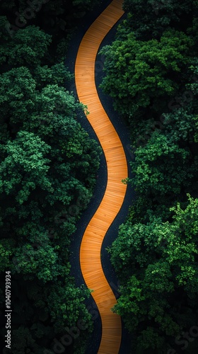 Curved wooden path cutting through dense green forest
