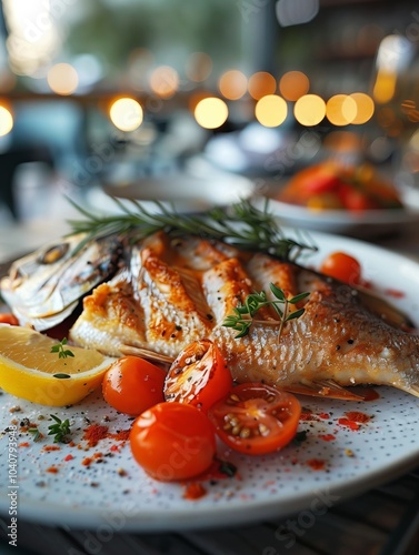 Deliciously grilled fish served with cherry tomatoes and lemon on a plate. Generative AI
