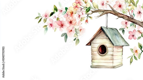 A vibrant watercolor illustration of a bird perched near a quaint birdhouse surrounded by blooming pink flowers and lush green leaves