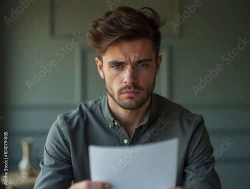 Bad news concept young caucasian man reading letter with sad expression