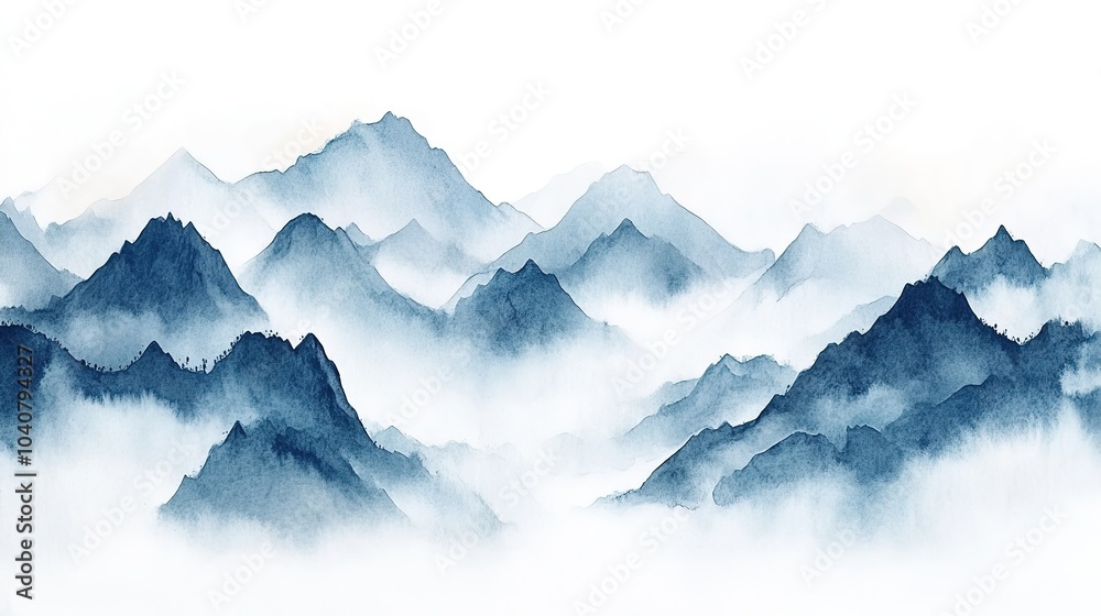 Serene mountain landscape shrouded in mist at dawn, showcasing layered peaks and tranquil atmosphere in soft color palette
