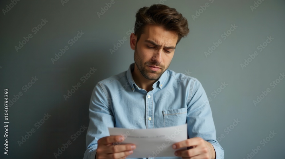 Bad news concept young caucasian man reading letter with sad expression Bad news concept young caucasian man reading letter with sad expression