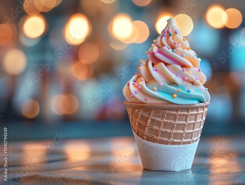 Colorful soft serve ice cream in a waffle cone against a bright background. Generative AI