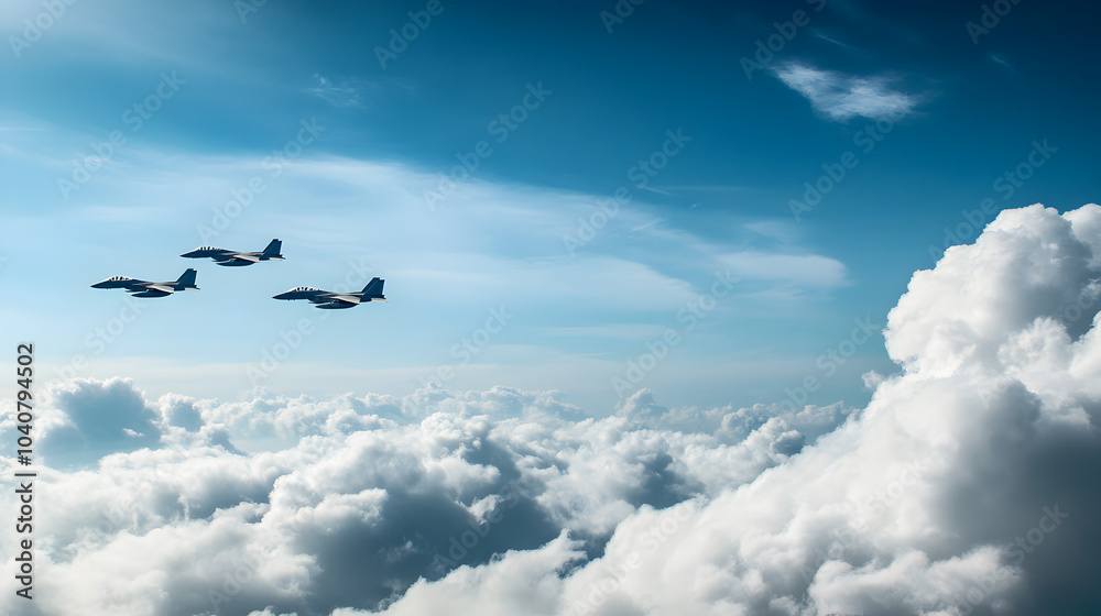 Fototapeta premium A squadron of fighter jets breaking through the clouds, preparing to engage enemy aircraft.