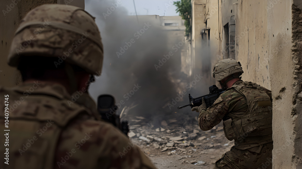 Fototapeta premium Two soldiers exchanging fire from opposite sides of a narrow street, with debris and smoke filling the air.