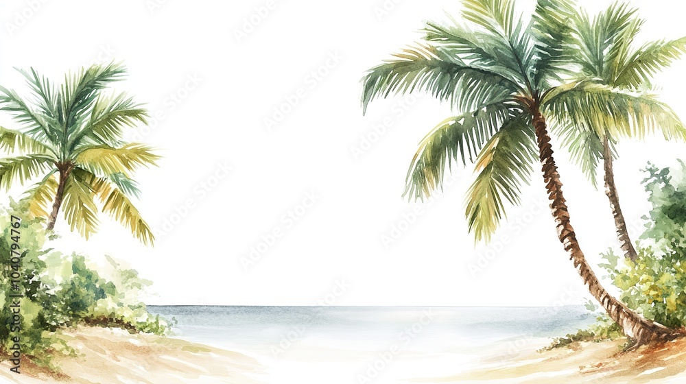 Obraz premium A serene tropical beach with swaying palm trees and a tranquil ocean under a cloudy sky during the day