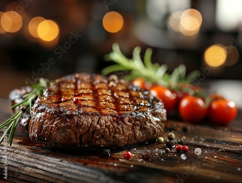 Juicy grilled steak with rosemary and cherry tomatoes served on rustic wooden table. Generative AI