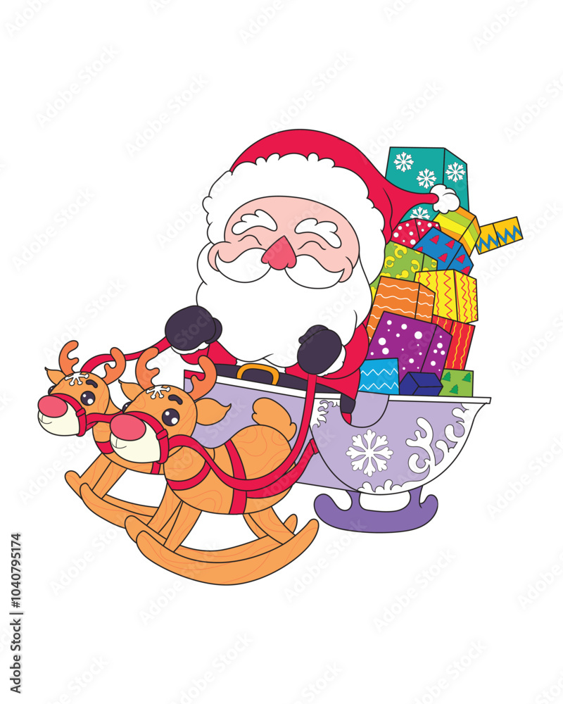 Obraz premium Santa cartoon riding a sleigh full of Christmas gifts and pulled by two reindeer. suitable for stickers, and other design needs.