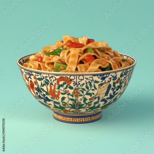 A detailed 3D representation of a bowl of spicy pad see ew, showcasing thick rice noodles and vegetables, isolated on a vibrant background photo