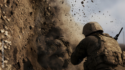 A pair of soldiers caught in an ambush, taking cover behind a crumbling wall as bullets ricochet around them.


