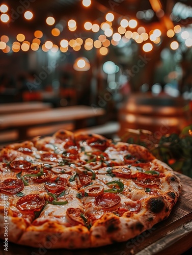 Delicious pepperoni pizza served outdoors at a lively evening gathering. Generative AI