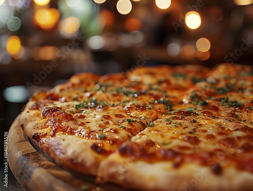 Delicious freshly baked pizza on a wooden board with soft warm lighting. Generative AI