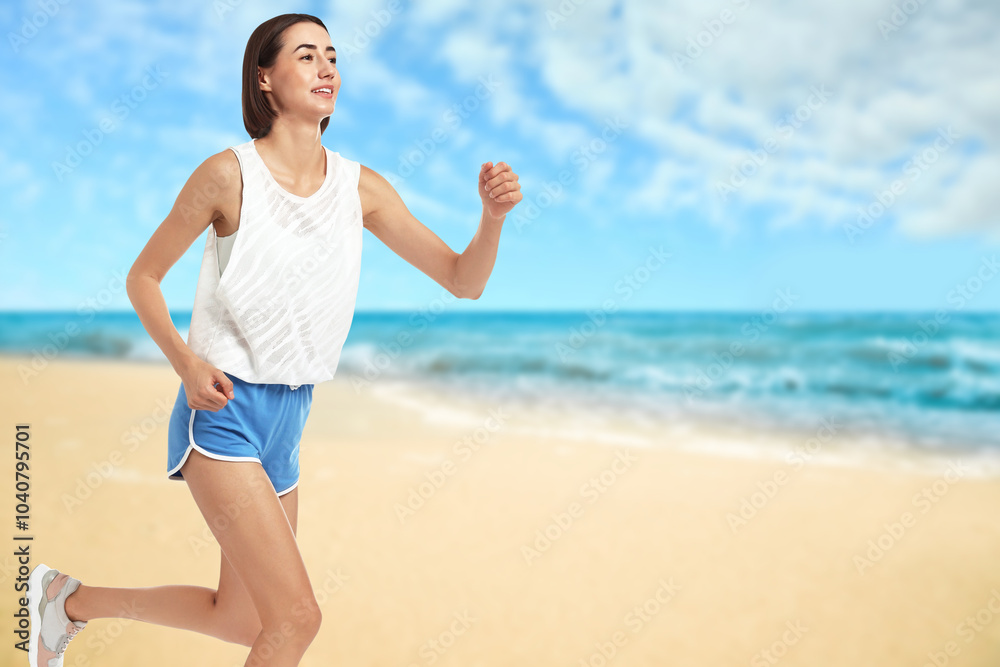 Beautiful woman running on beach. Space for text Beautiful woman running on beach. Space for text